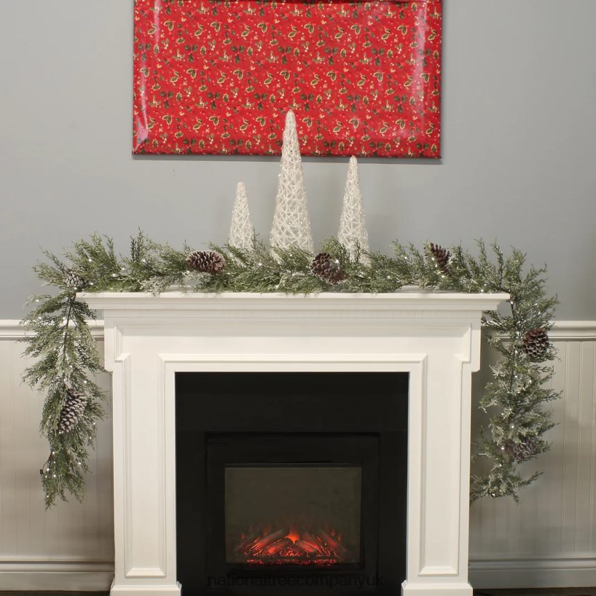 Greenery | National Tree Company Pre Lit Artificial Garland Snowy Christmas Green Frosted Decorated with Frosted Pine Cones Pure White LED Lights Battery Powered Christmas Collection 9 Feet F2